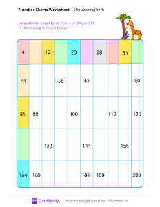 Skip counting by 4s - Giraffe | Math Worksheet