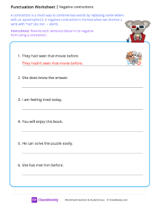 Negative contractions - Movie | Reading & Writing Worksheet