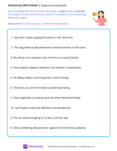 Subject and predicate - Speech | Reading & Writing Worksheet