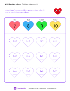 Addition (Sums to 10) - Happy Heart | Math Worksheet