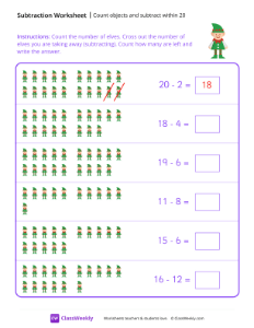 Count objects and subtract within 20 - Elf | Math Worksheet