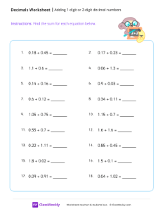 Adding decimals (1 or 2 decimal digits) - School | Math Worksheet