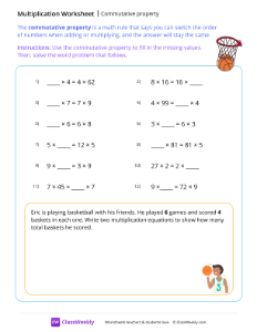 Commutative property - Basketball | Math Worksheet