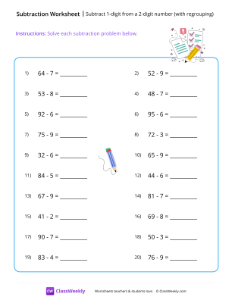 Subtract 1-digit from a 2-digit number (with regrouping) - Pencil | Math Worksheet