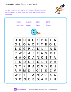 Letter D word search - Detective Gadget | Reading & Writing Worksheet