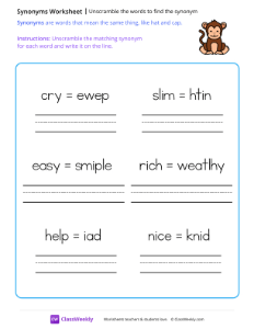 Unscramble the words to find the synonym - Monkey | Reading & Writing Worksheet