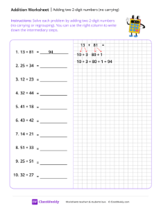 Adding two 2-digit Numbers (no carrying) - Peaceful Calculator | Math Worksheet