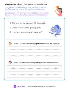 Writing sentences with adjectives - Ping Pong | Grammar Worksheet