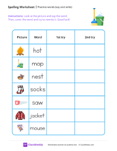 Practice words (say and write) - Mop | Reading & Writing Worksheet