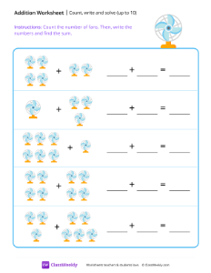 Count, write and solve (up to 10) - Fan | Math Worksheet