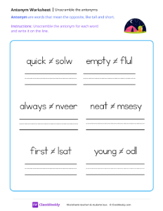 Unscramble the antonyms - Night | Reading & Writing Worksheet