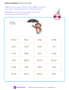 Verbs and nouns - Sloth | Grammar Worksheet