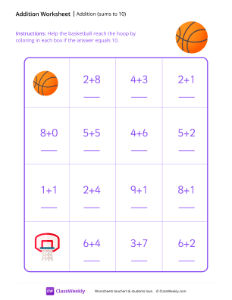 Addition Maze (Sums to 10) - Basketball | Math Worksheet