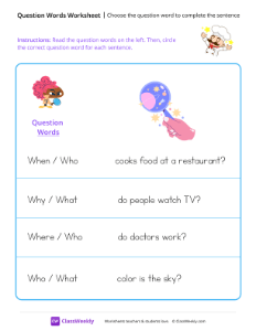 Choose the question word to complete the sentence - Chef | Reading & Writing Worksheet