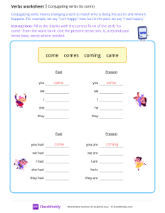 Conjugating verbs - To come | Grammar Worksheet