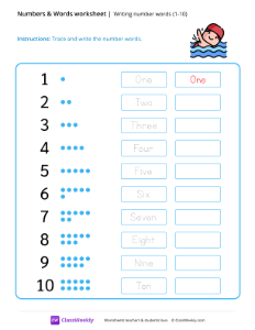 Writing number words (1-10) - Swim | Math Worksheet