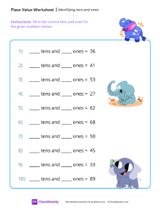 Identifying Tens and Ones - Elephant | Math Worksheet