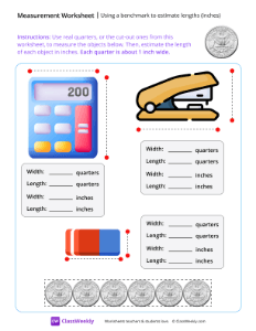 Estimating lengths (inches) - Quarter | Math Worksheet