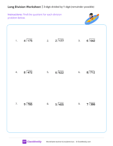 3-digit divided by 1-digit (remainder possible) - Rafting | Math Worksheet