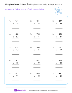 Multiply in columns (2 digit by 3 digit numbers) - Snow | Math Worksheet