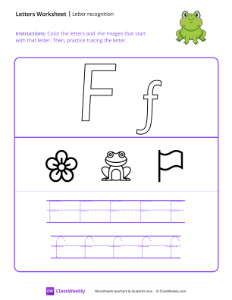 Letter Recognition (F) - Frog | Reading & Writing Worksheet