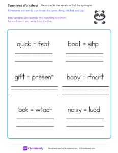 Unscramble the words to find the synonym - Panda | Reading & Writing Worksheet