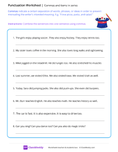 Commas and items in series - Magic Hat | Reading & Writing Worksheet