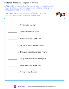 Fragment or sentence - Race car | Reading & Writing Worksheet