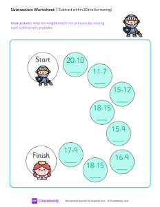 Subtract within 20 (no borrowing) - Knight | Math Worksheet