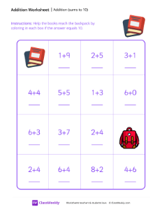 Addition Maze (Sums to 10) - Books | Math Worksheet