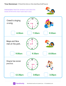 Check the time on the clock face (half hours) - Park Fun | Math Worksheet