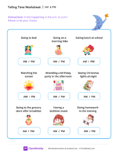 Telling Time: A.M. or P.M.? - Moon | Math Worksheet