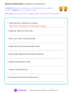 Fragments to full sentences - Bus | Reading & Writing Worksheet