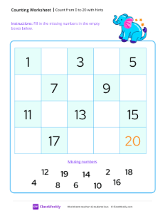 Count from 0 to 20 with hints | Math Worksheet