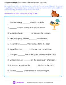 Commonly confused verbs - lie, lay or laid | Grammar Worksheet