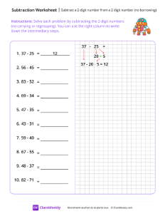 Subtract a 2-digit number from a 2-digit number (no borrowing) - Round Robot | Math Worksheet