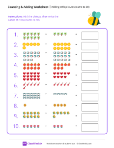 Adding with pictures (sums to 30) - Bee | Math Worksheet