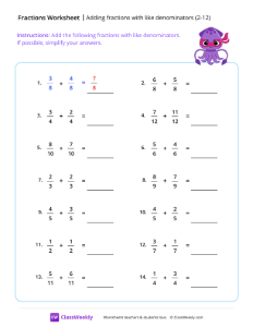 Adding fractions with like denominators (2-12) - Squid | Math Worksheet