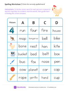 Circle the correctly spelled word - Chicken | Reading & Writing Worksheet