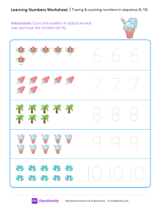 Tracing & counting numbers in sequence (6-10) - Ice Cream | Math Worksheet