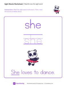 Read & trace the sight word - She | Reading & Writing Worksheet