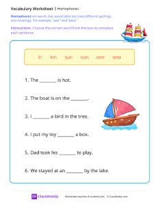 Homophones - Boat | Reading & Writing Worksheet