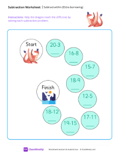 Subtract within 20 (no borrowing) - Dragon | Math Worksheet