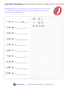 Subtract a 2-digit number from a 2-digit number (no borrowing) - smart watch | Math Worksheet