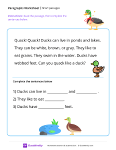 Short passages -  Ducks | Reading & Writing Worksheet