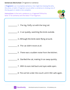 Fragment or sentence - Cat | Reading & Writing Worksheet