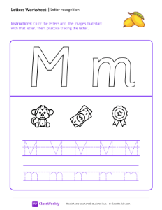 Letter Recognition (M) - Mango | Reading & Writing Worksheet