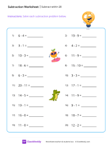 Subtract within 20 - Bulb | Math Worksheet