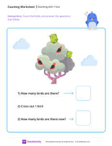 Counting with 1 less - Birds | Math Worksheet