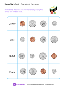 Match coins to their names - Green Bills | Math Worksheet